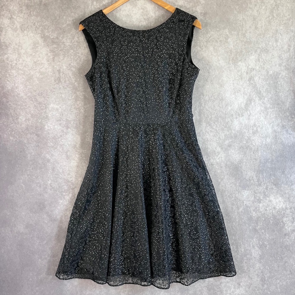 Tahari‎ Cocktail Dress Womens 6P Black Silver Glitter Scroll Fit & Flare ASL